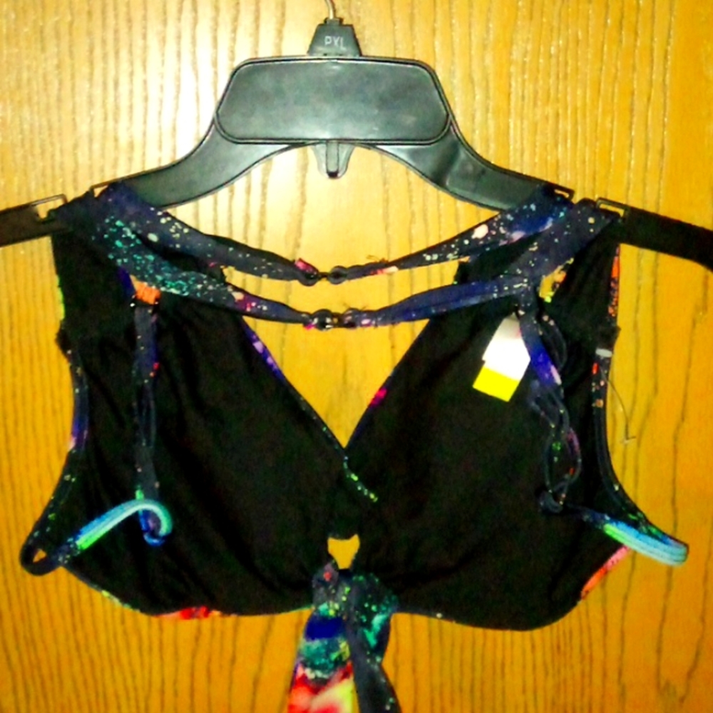 BLaCK/NeoN Tie-Dye print 2 piece w/ 2 clasp adjustable bikini 👙 top swim suit - Picture 6 of 8